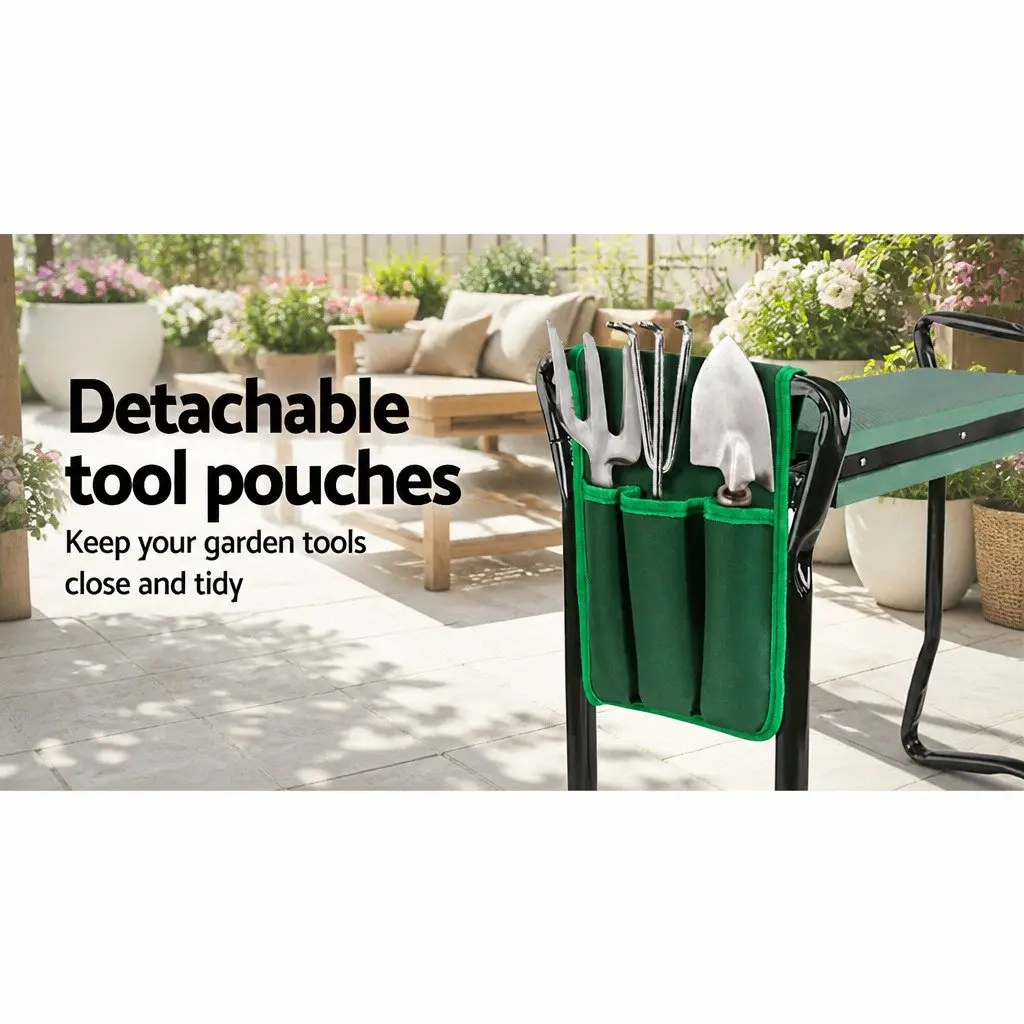 Garden Kneeler Green Foldable 3-in-1 Padded Seat Stool with Detachable Storage Pouches