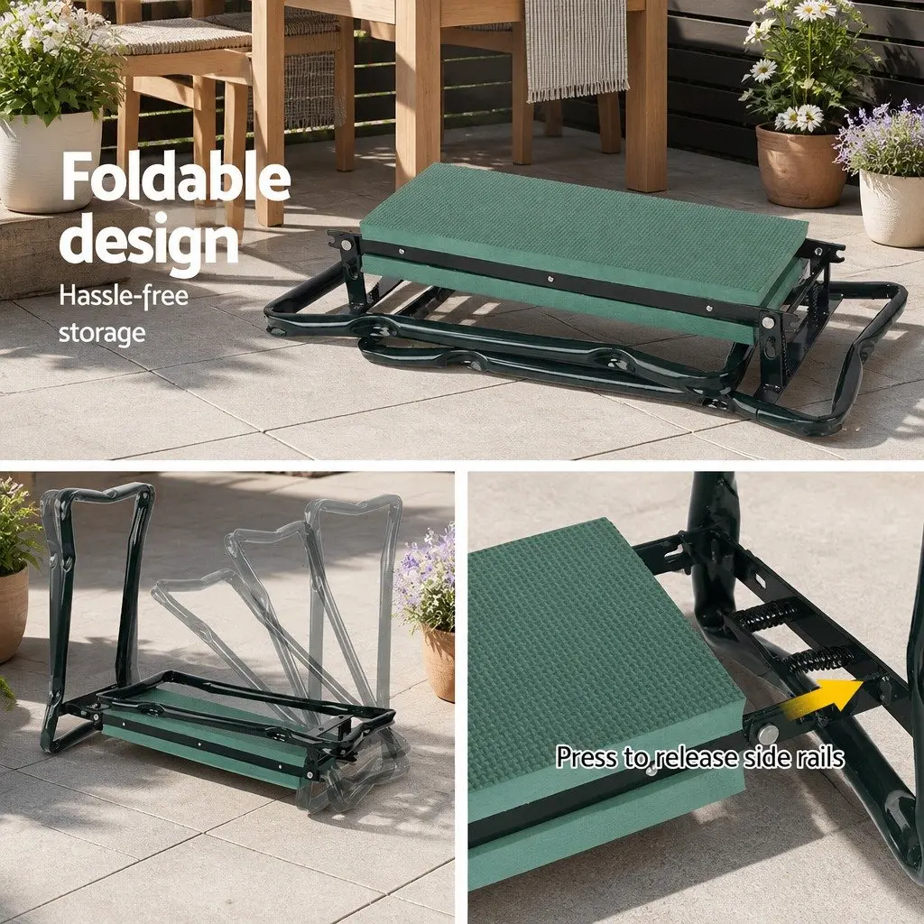 Garden Kneeler Green Foldable 3-in-1 Padded Seat Stool with Detachable Storage Pouches