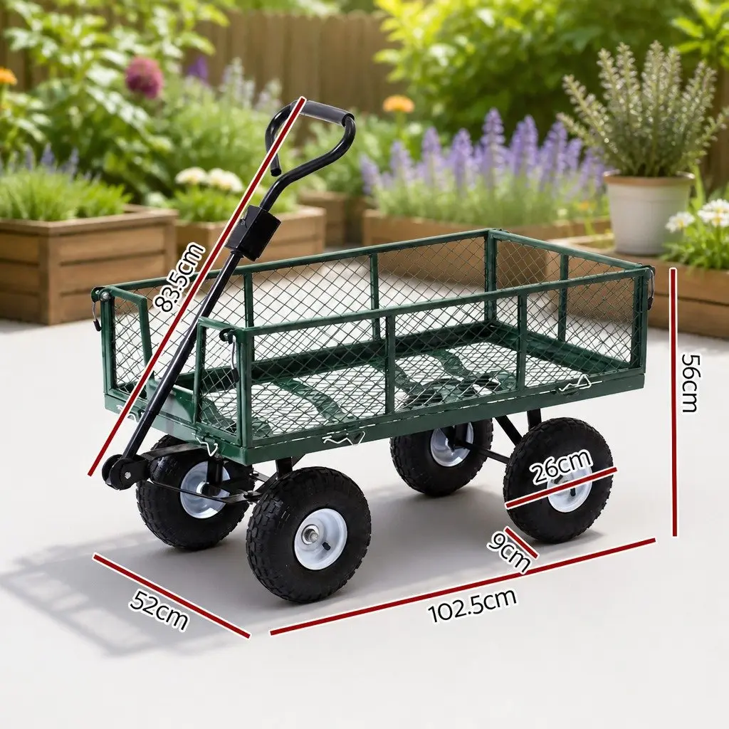 Mesh Garden Cart Green 96cm Heavy-Duty Steel Frame Removable Sides Pneumatic Tyres
