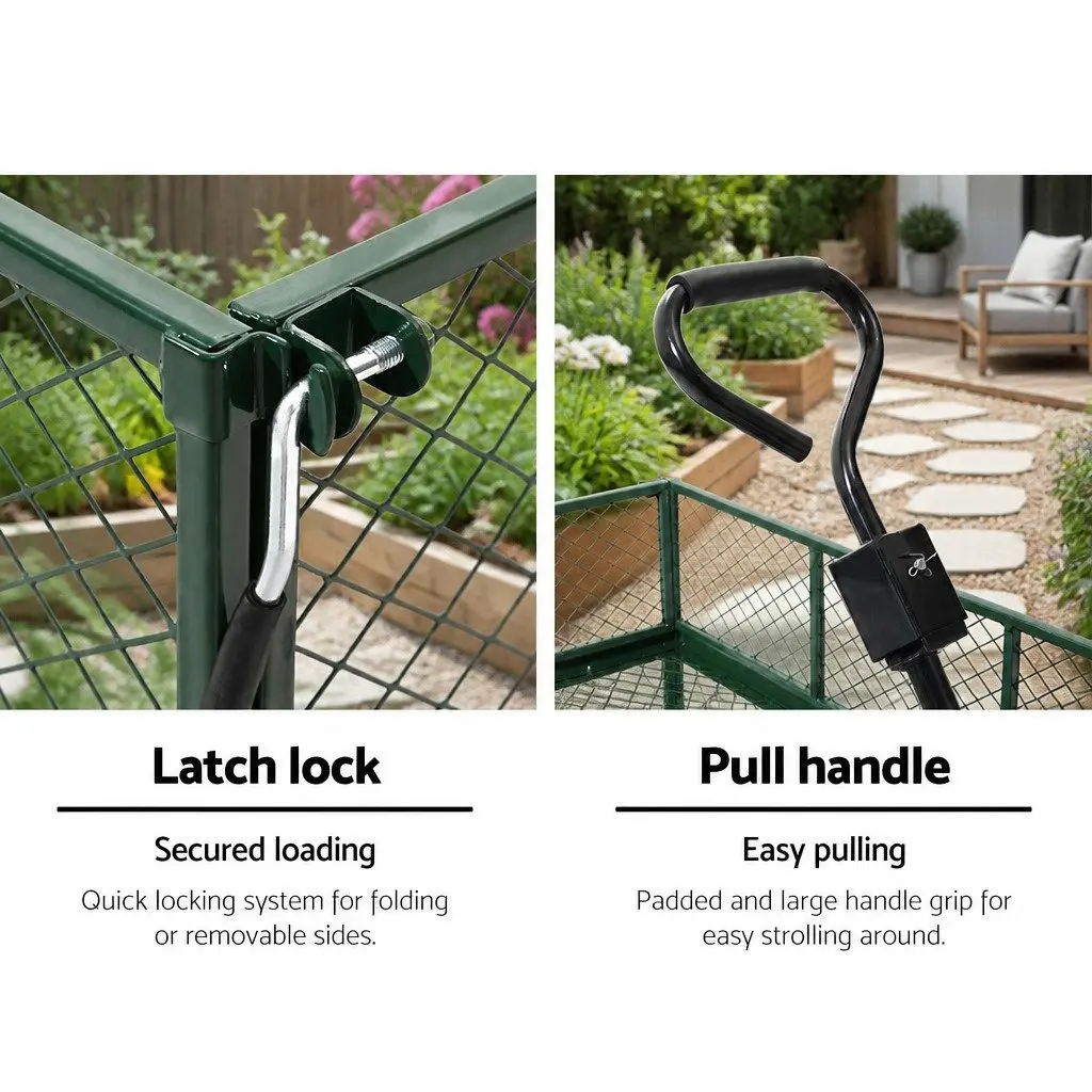 Mesh Garden Cart Green 96cm Heavy-Duty Steel Frame Removable Sides Pneumatic Tyres
