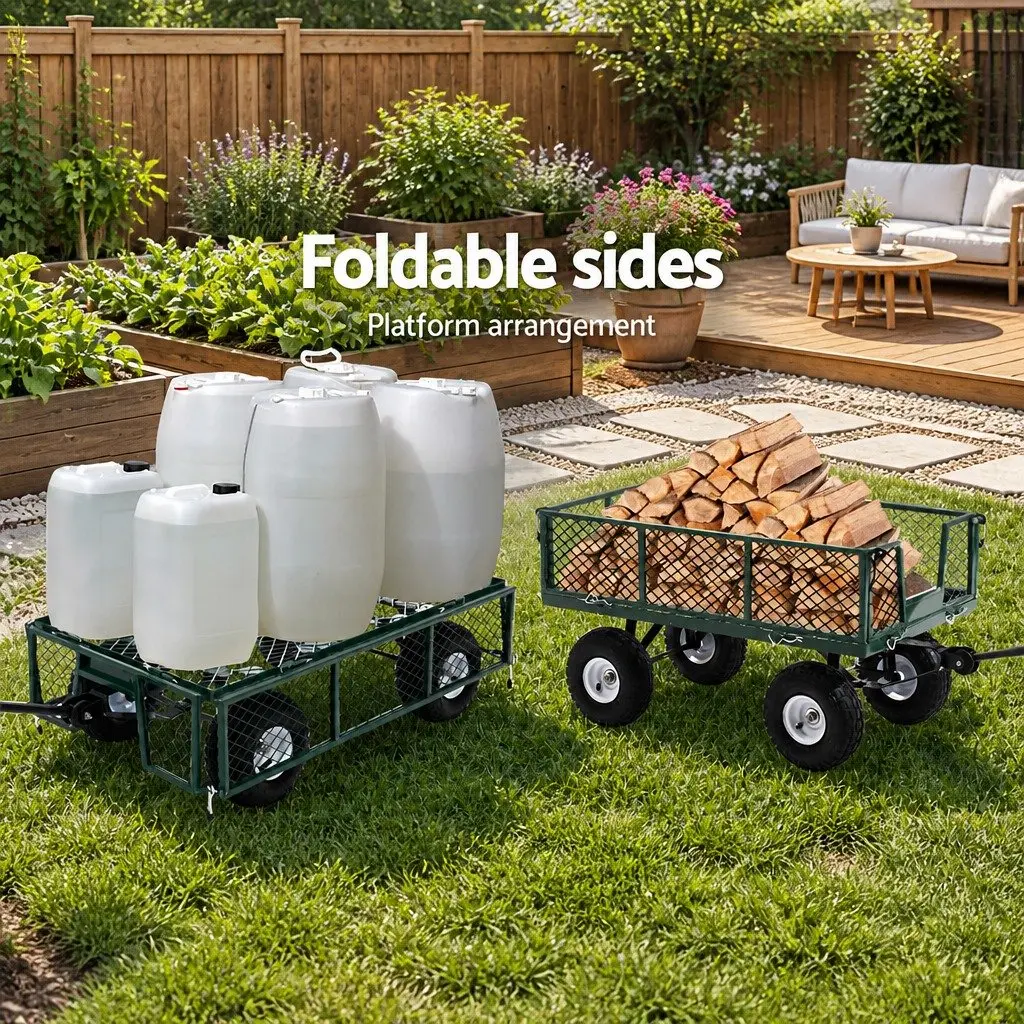 Mesh Garden Cart Green 96cm Heavy-Duty Steel Frame Removable Sides Pneumatic Tyres