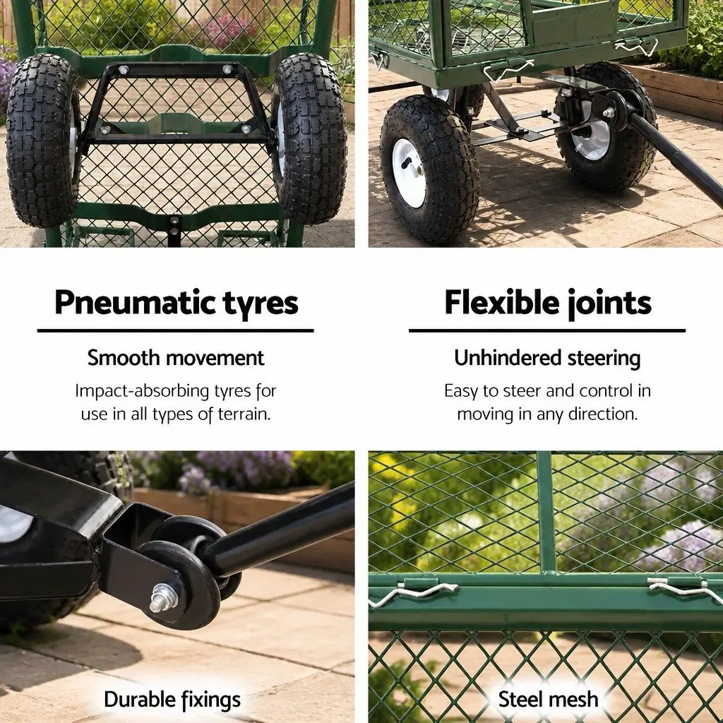 Mesh Garden Cart Green 96cm Heavy-Duty Steel Frame Removable Sides Pneumatic Tyres