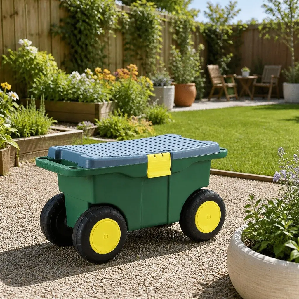 Garden Storage Cart Green 3-in-1 Tool Box Seat Removable Tray Wheels
