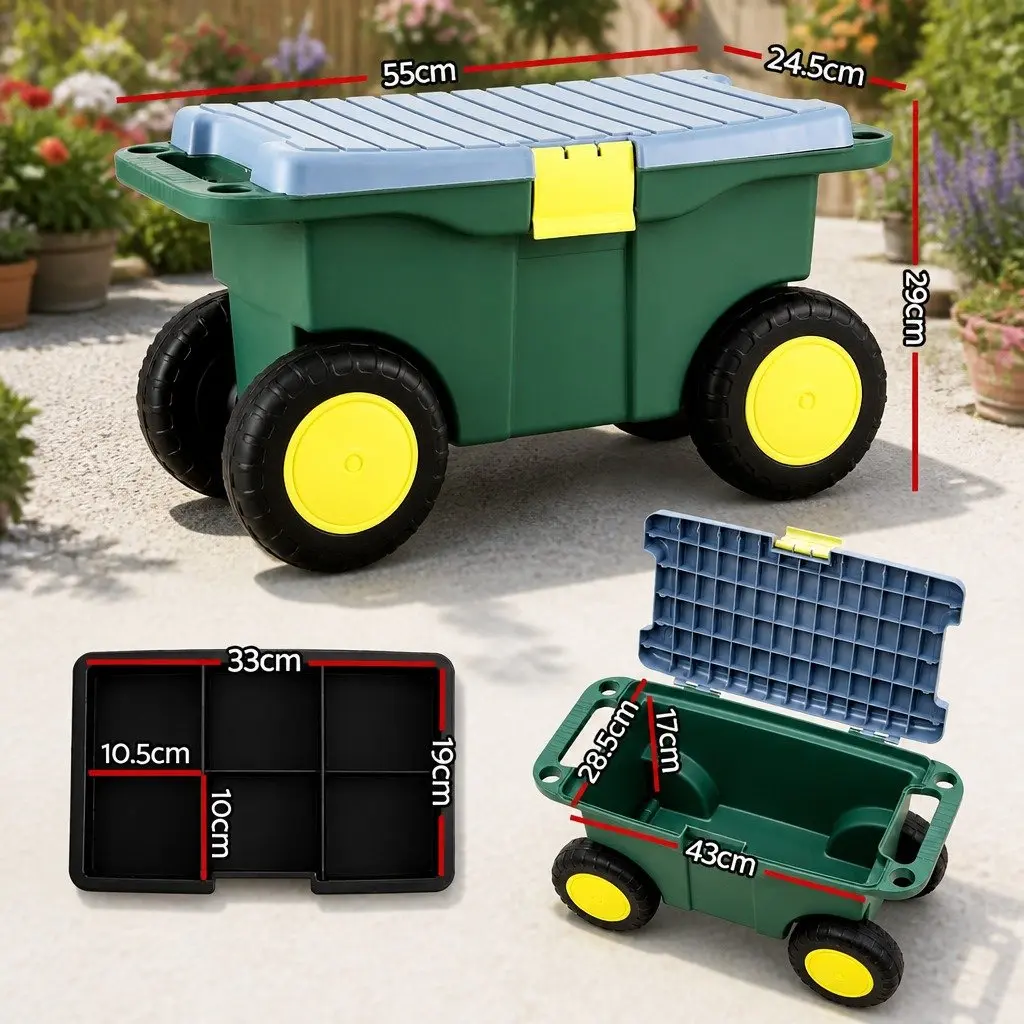 Garden Storage Cart Green 3-in-1 Tool Box Seat Removable Tray Wheels