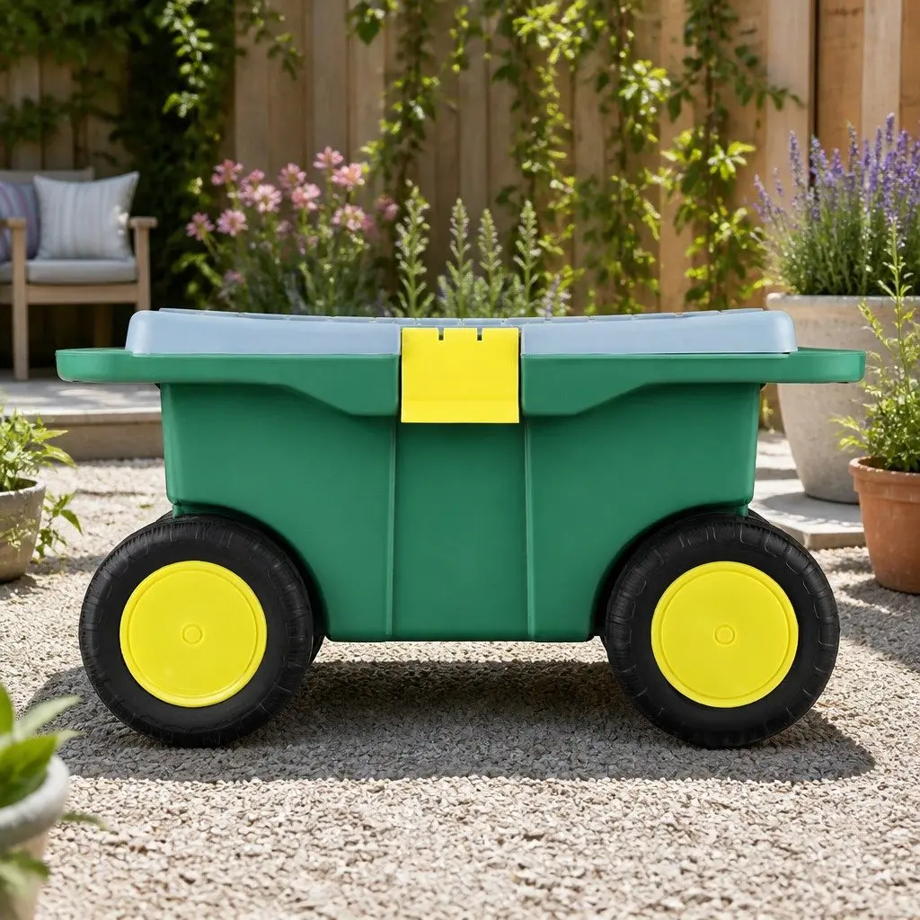 Garden Storage Cart Green 3-in-1 Tool Box Seat Removable Tray Wheels