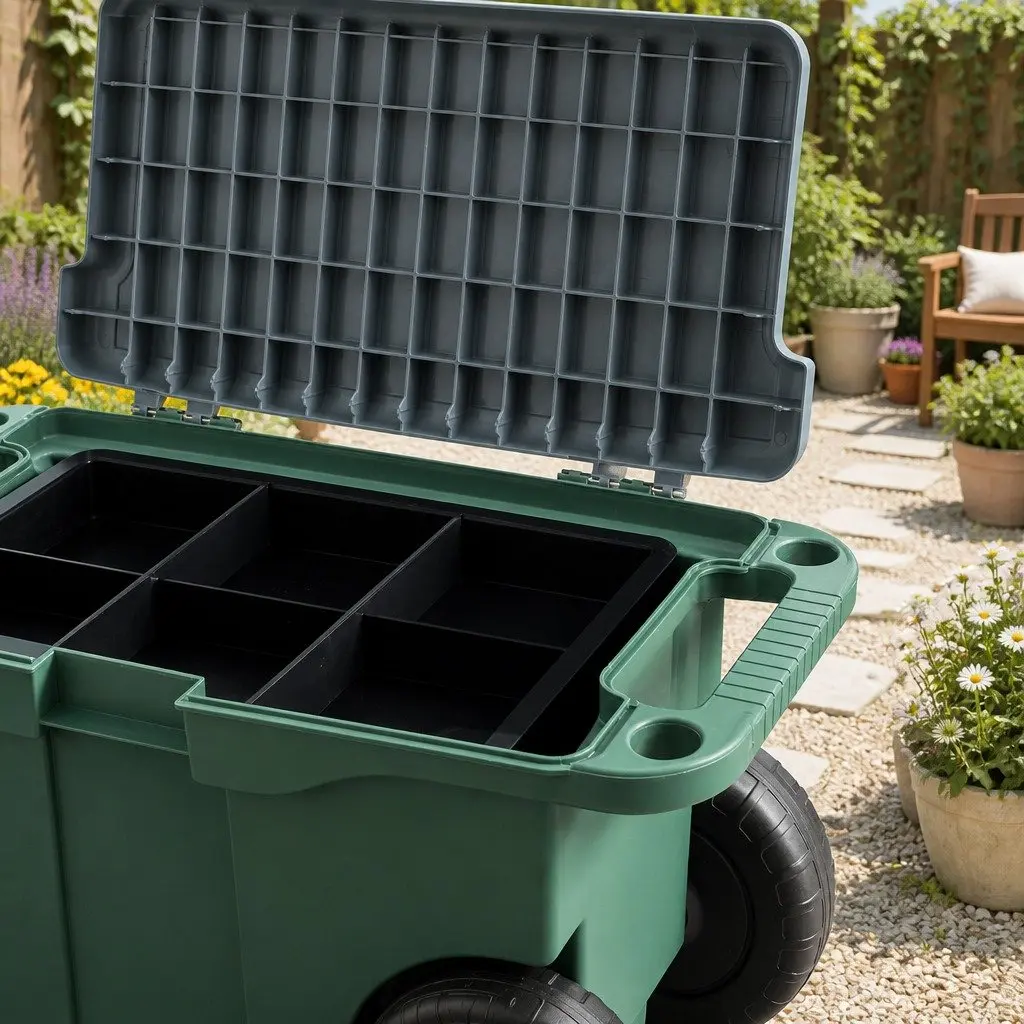 Garden Storage Cart Green 3-in-1 Tool Box Seat Removable Tray Wheels