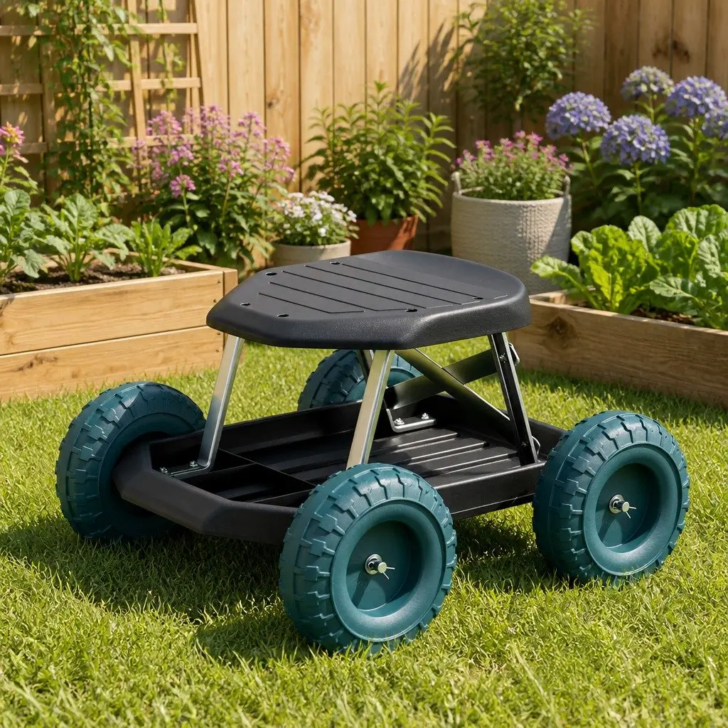 Garden Rolling Stool Black 48 x 48 x 33 cm Lightweight with Wheels