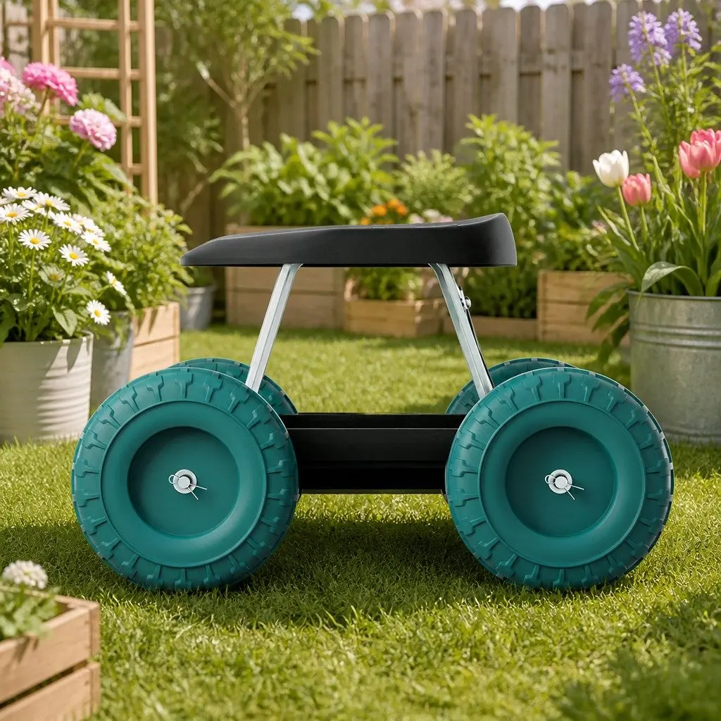 Garden Rolling Stool Black 48 x 48 x 33 cm Lightweight with Wheels