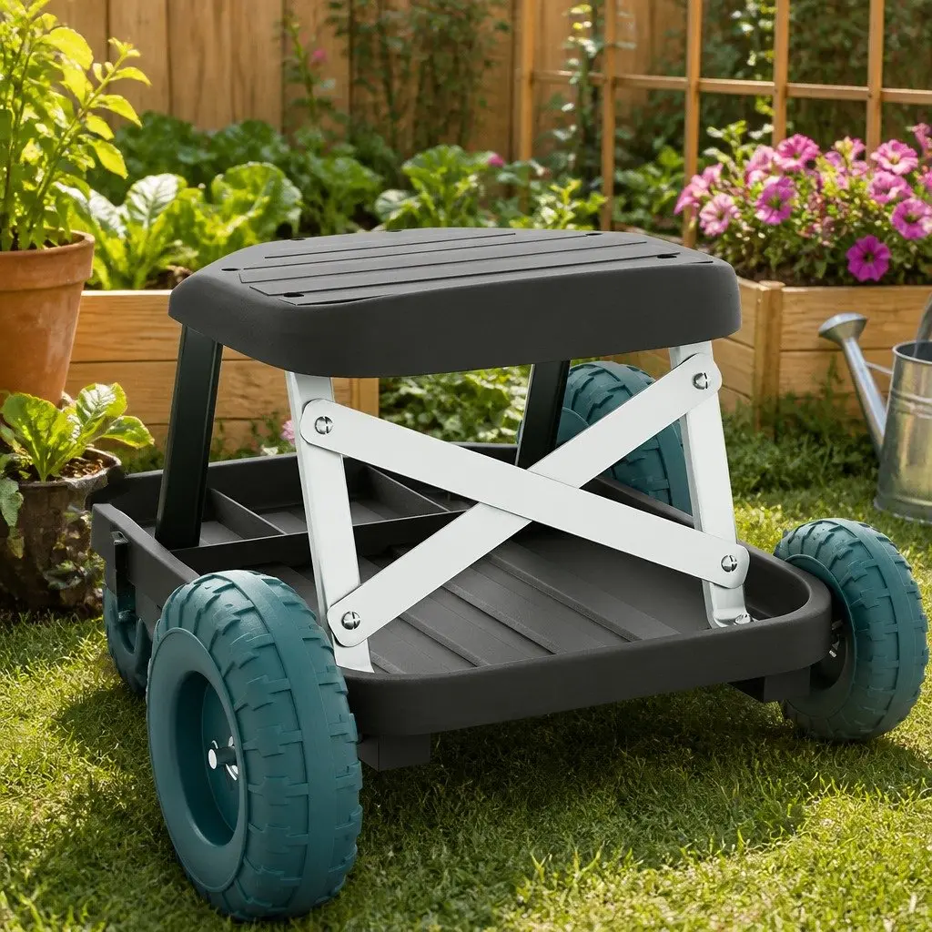 Garden Rolling Stool Black 48 x 48 x 33 cm Lightweight with Wheels