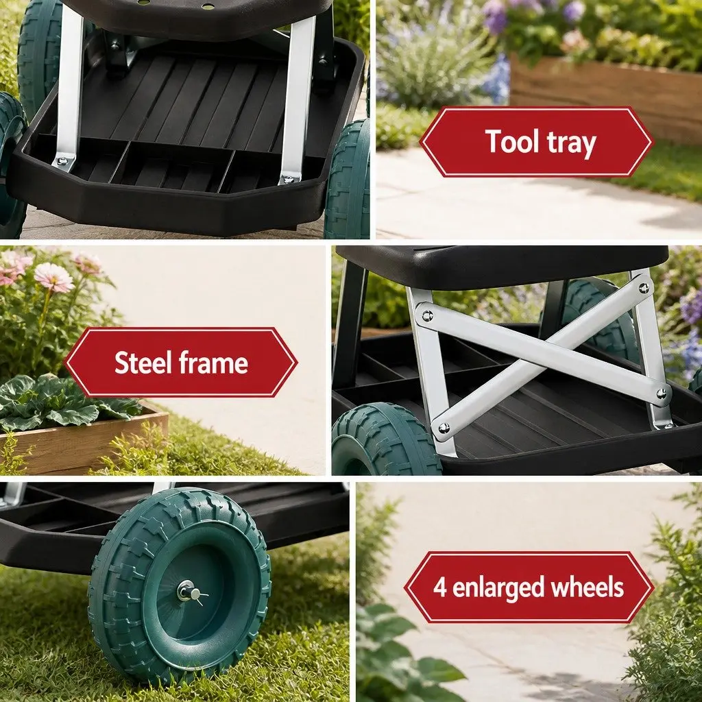 Garden Rolling Stool Black 48 x 48 x 33 cm Lightweight with Wheels
