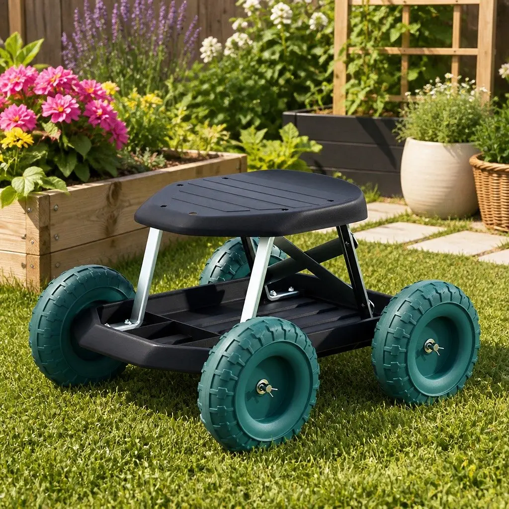 Garden Rolling Stool Black 48 x 48 x 33 cm Lightweight with Wheels