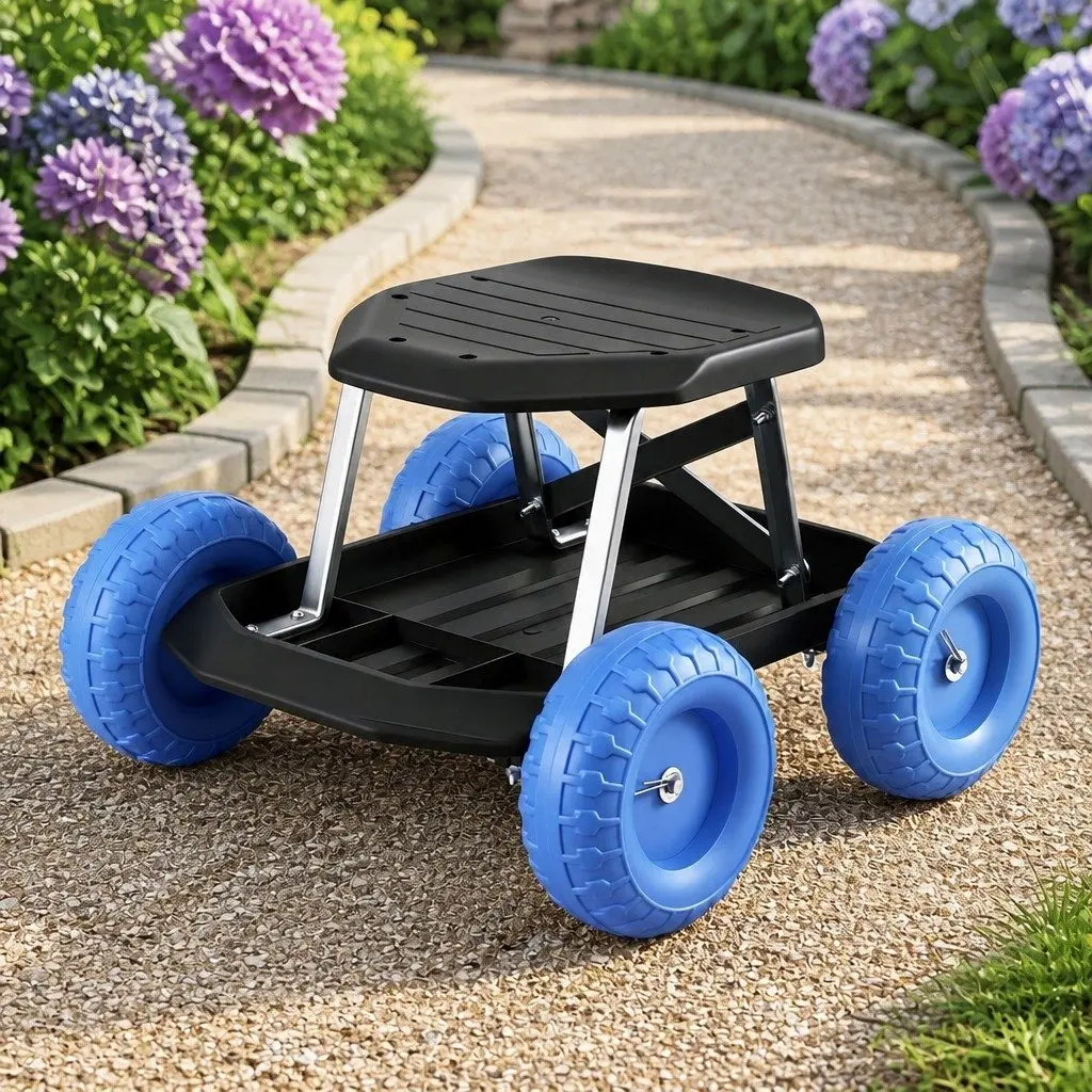 Garden Work Seat Rolling Stool Black or Blue with Tool Tray and Wheels