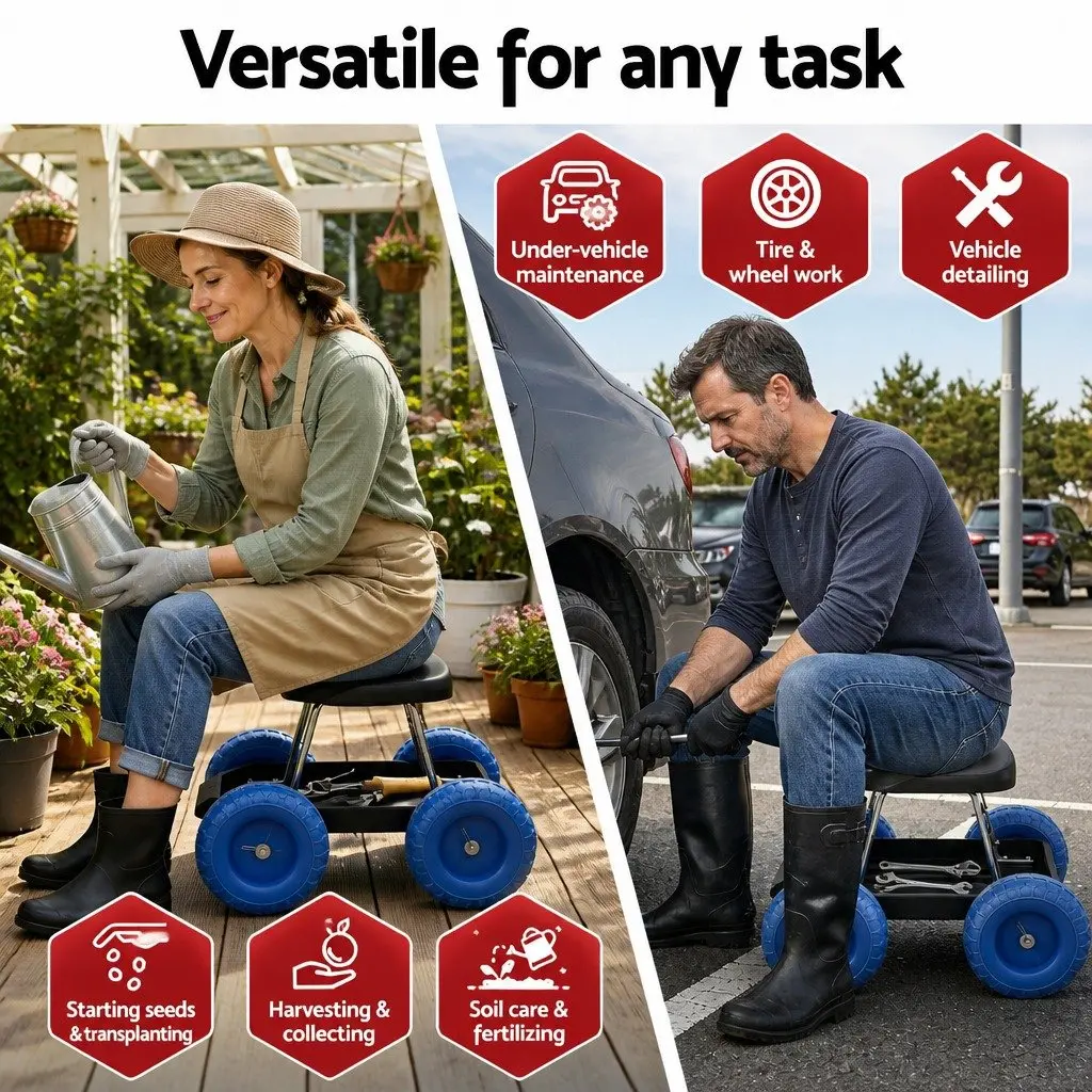 Garden Work Seat Rolling Stool Black or Blue with Tool Tray and Wheels
