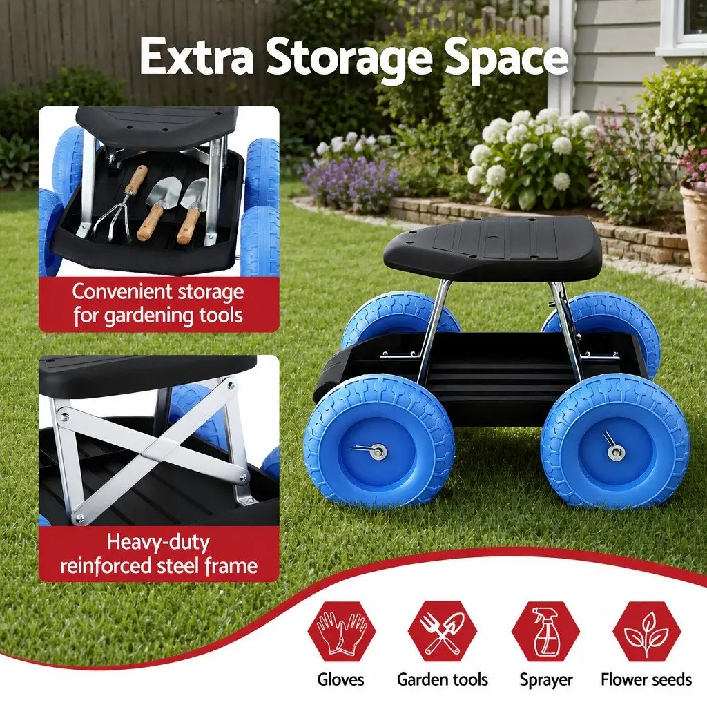 Garden Work Seat Rolling Stool Black or Blue with Tool Tray and Wheels