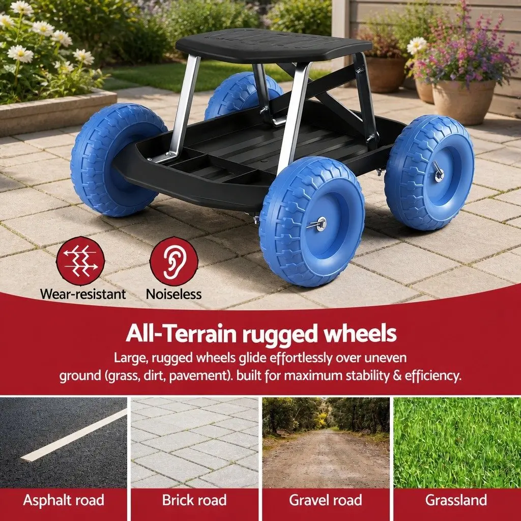 Garden Work Seat Rolling Stool Black or Blue with Tool Tray and Wheels