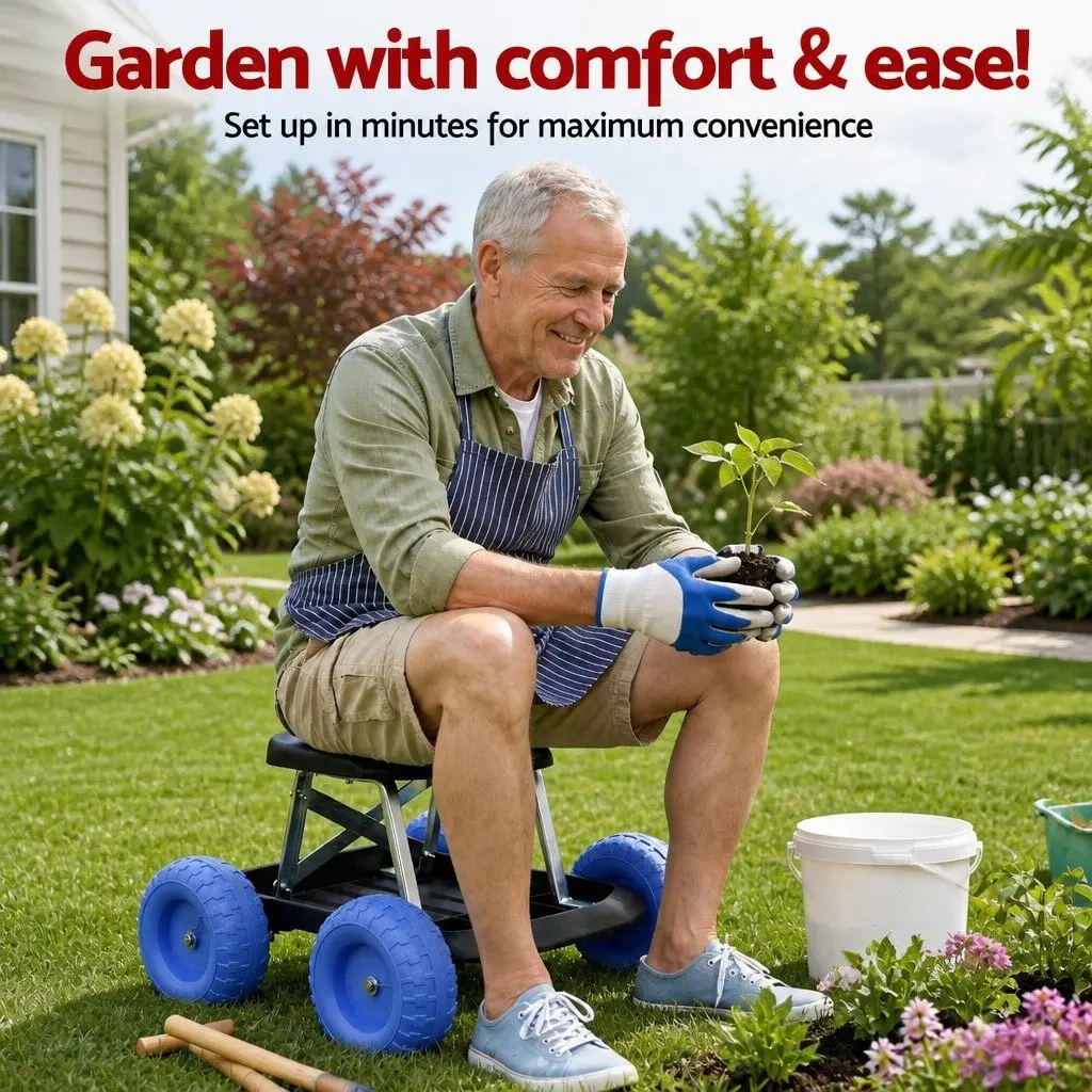 Garden Work Seat Rolling Stool Black or Blue with Tool Tray and Wheels