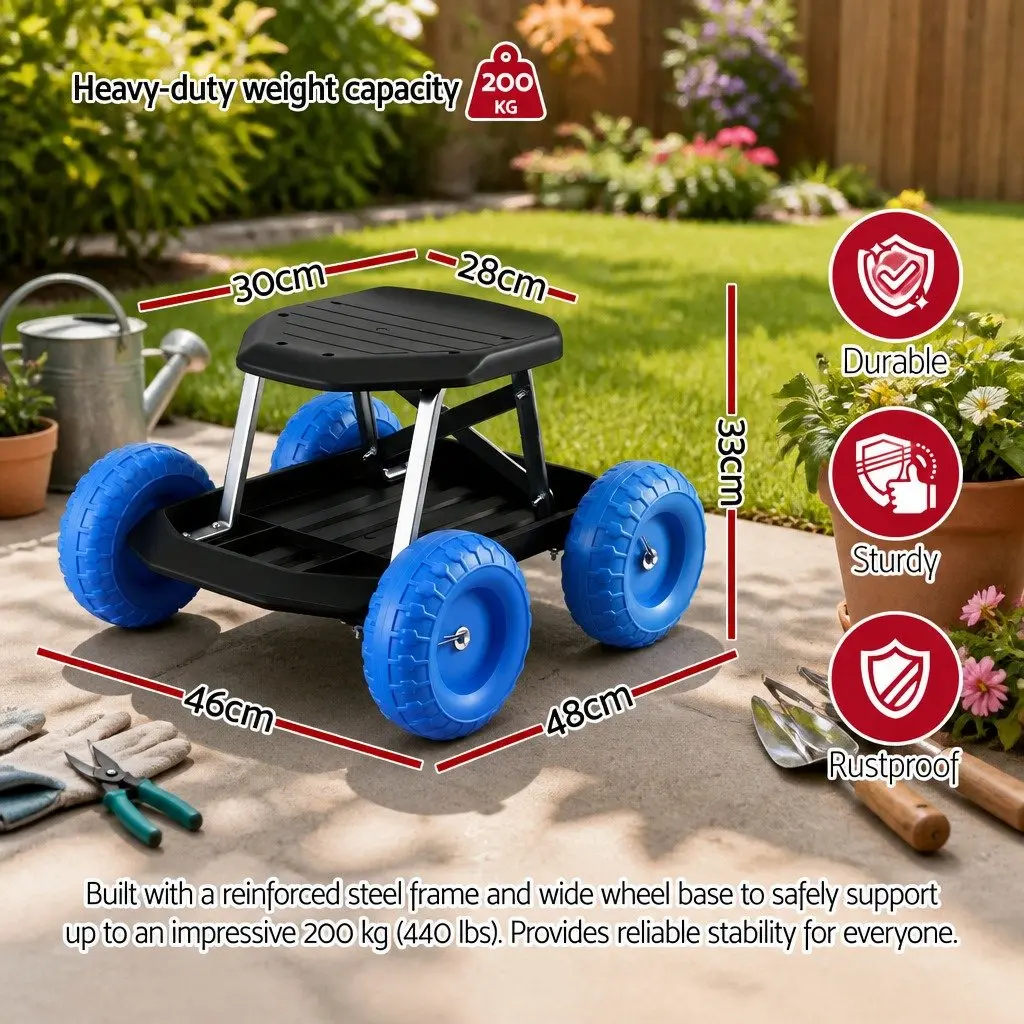 Garden Work Seat Rolling Stool Black or Blue with Tool Tray and Wheels