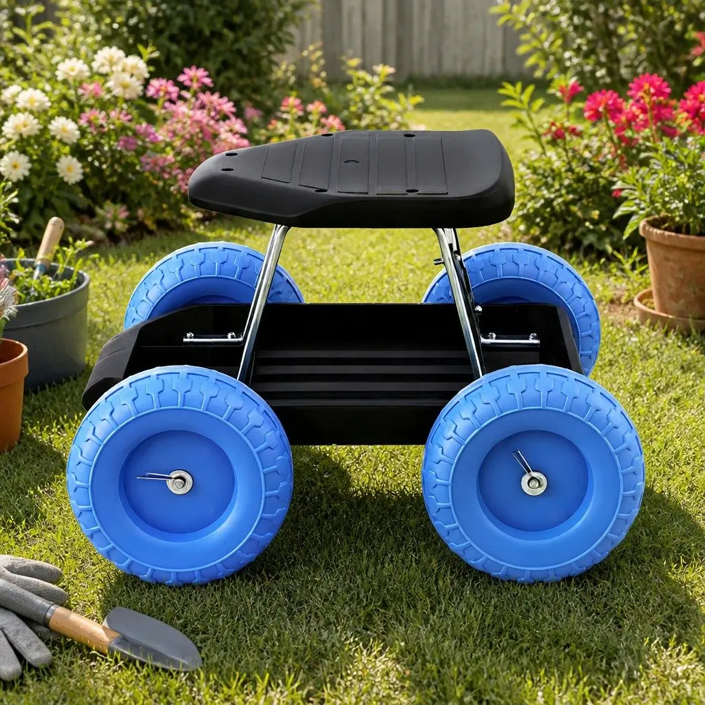 Garden Work Seat Rolling Stool Black or Blue with Tool Tray and Wheels