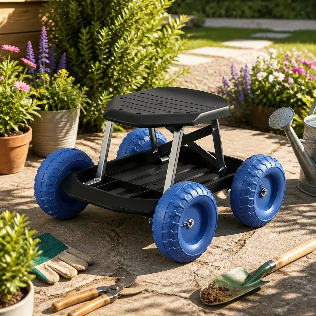 Garden Work Seat Rolling Stool Black or Blue with Tool Tray and Wheels