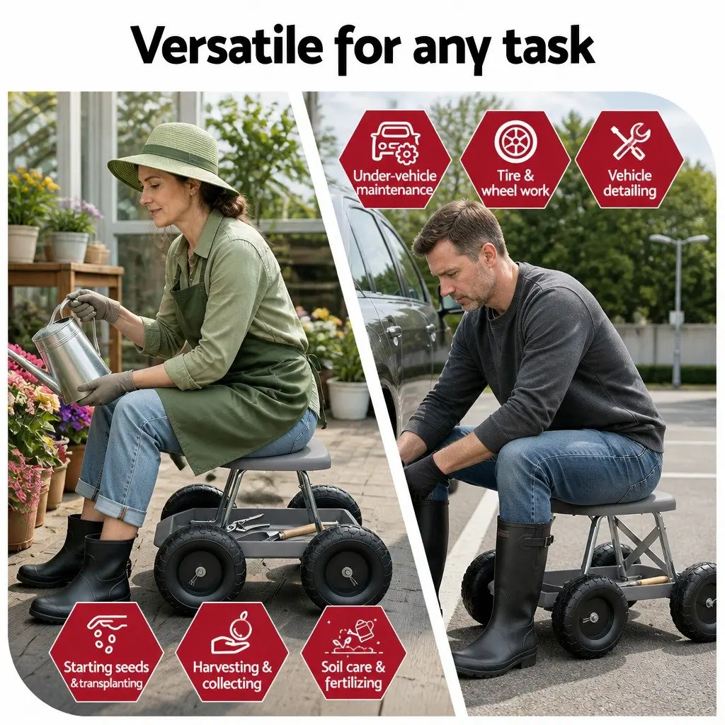Garden Stool Rolling Seat Grey Heavy Duty with Tool Storage Tray
