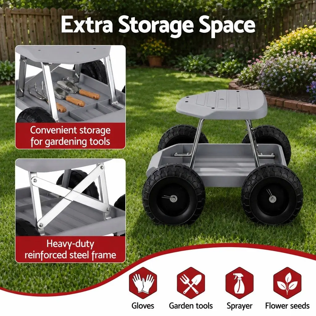 Garden Stool Rolling Seat Grey Heavy Duty with Tool Storage Tray