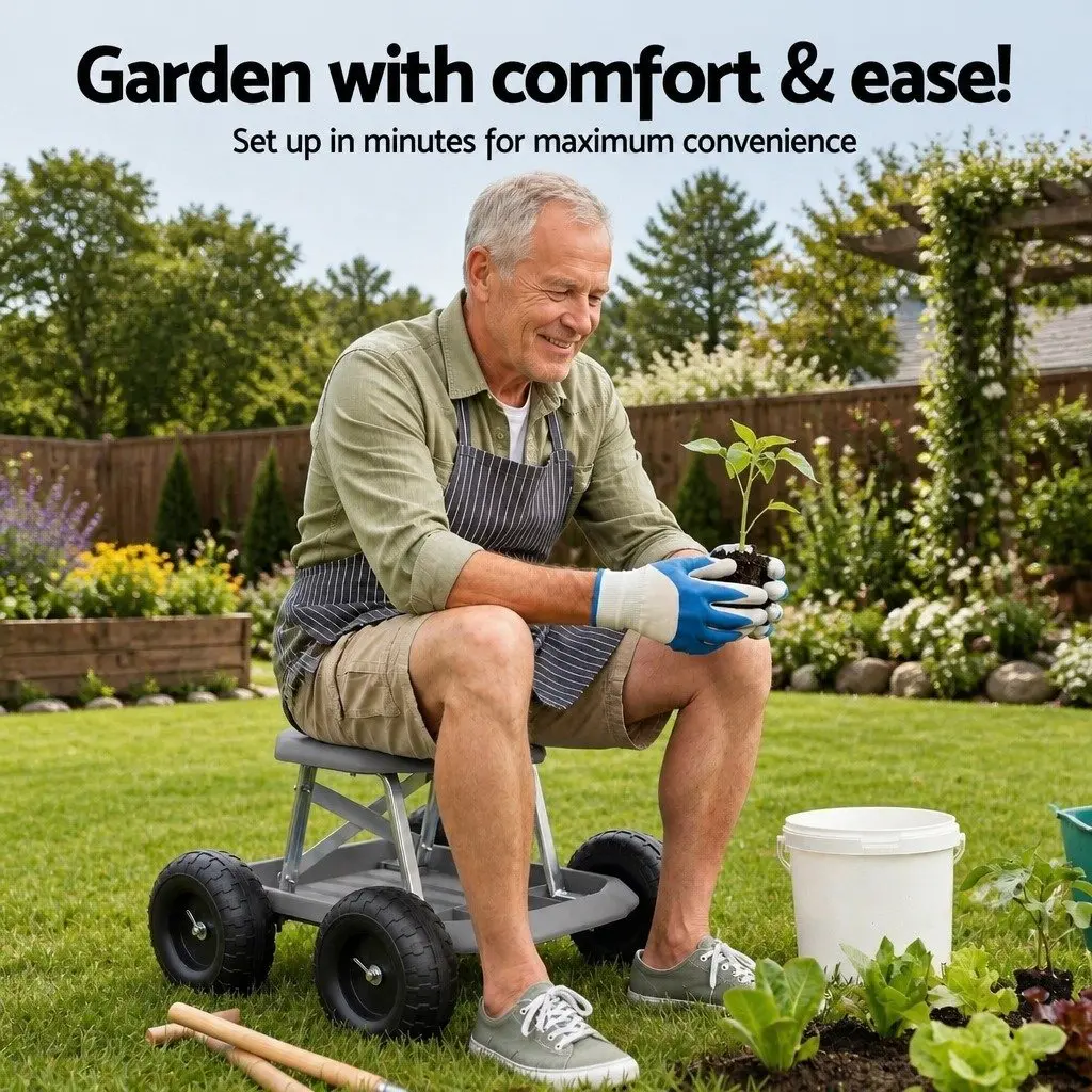 Garden Stool Rolling Seat Grey Heavy Duty with Tool Storage Tray