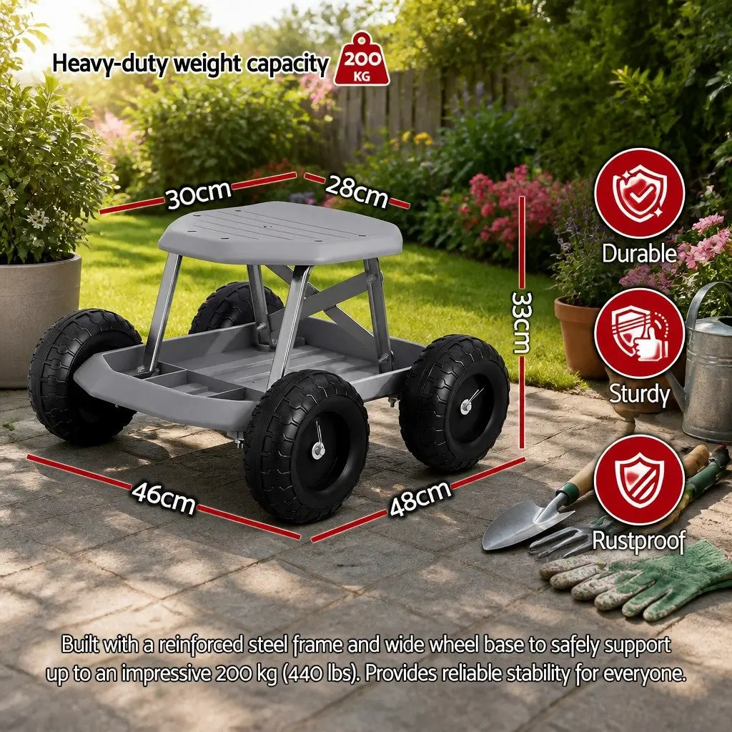 Garden Stool Rolling Seat Grey Heavy Duty with Tool Storage Tray