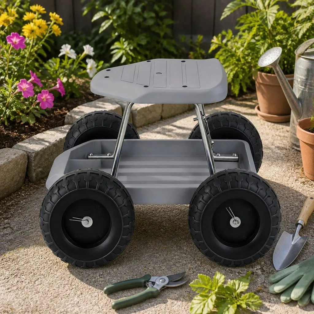 Garden Stool Rolling Seat Grey Heavy Duty with Tool Storage Tray