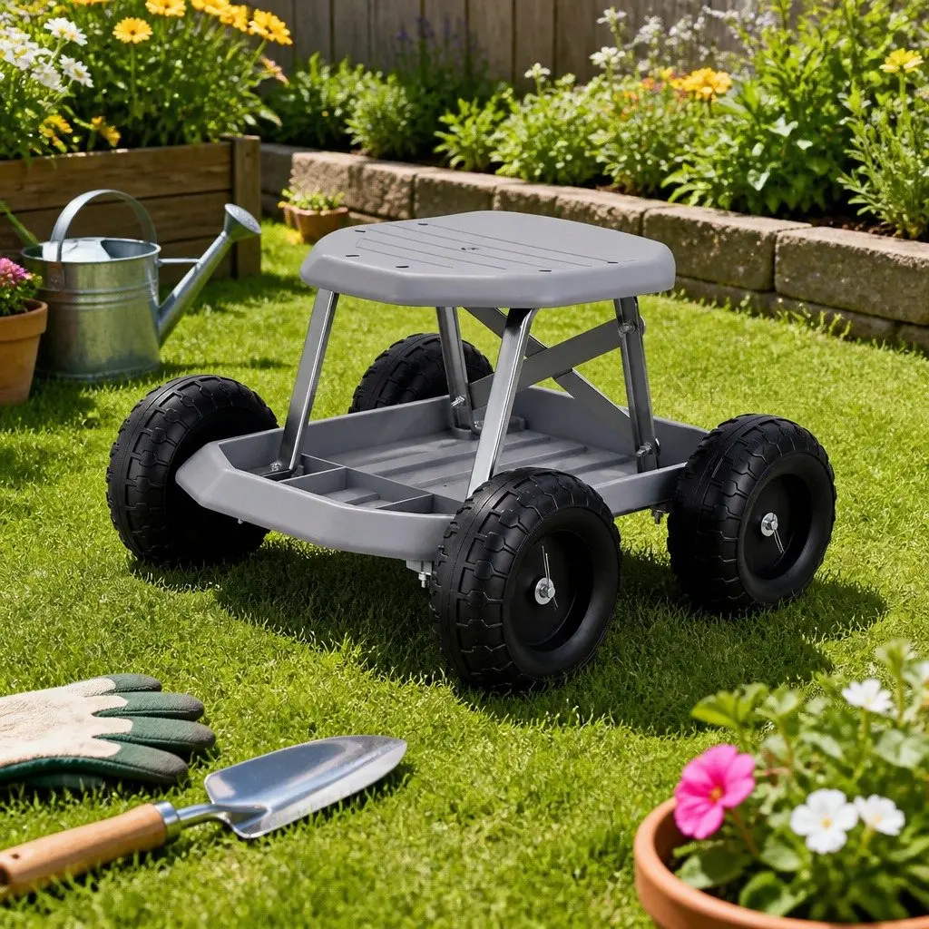 Garden Stool Rolling Seat Grey Heavy Duty with Tool Storage Tray