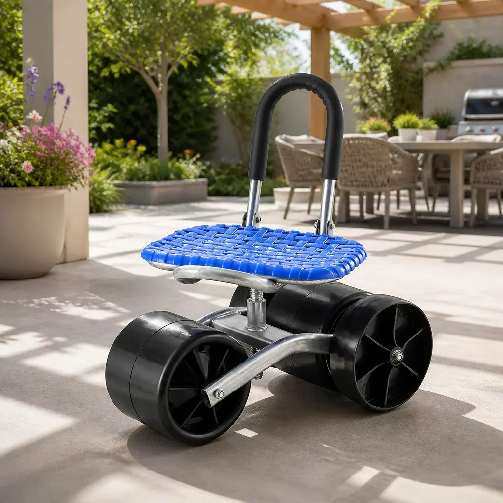 Garden Stool Blue Height Adjustable Foldable with Wheels 360 Rotation