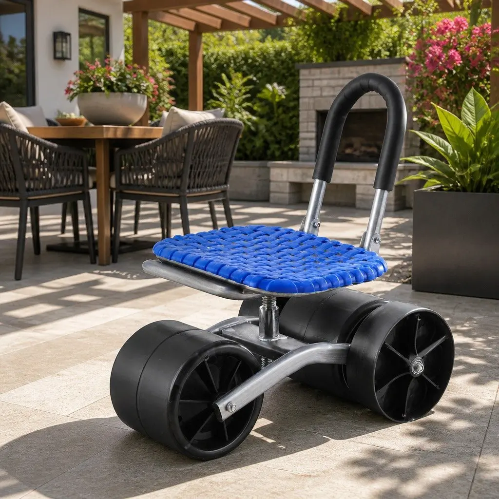 Garden Stool Blue Height Adjustable Foldable with Wheels 360 Rotation