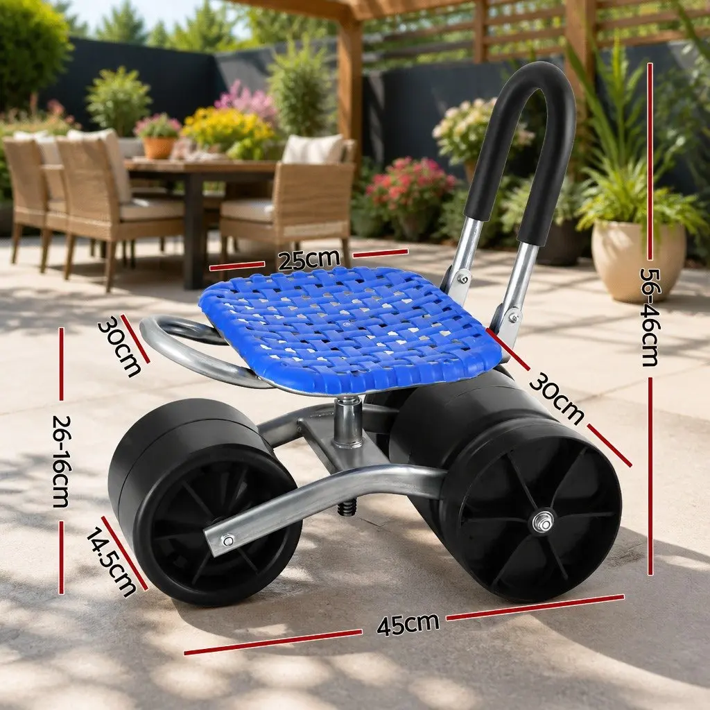Garden Stool Blue Height Adjustable Foldable with Wheels 360 Rotation