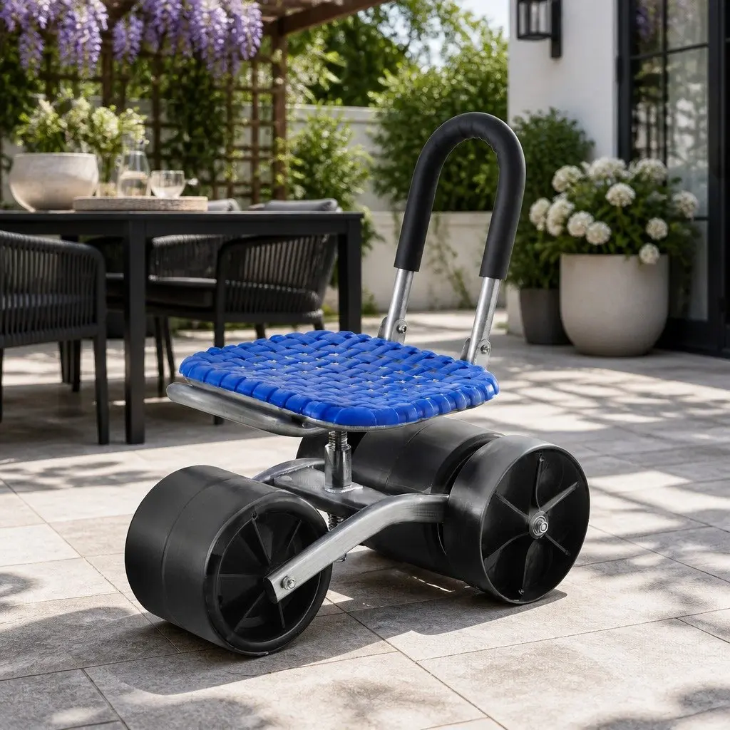 Garden Stool Blue Height Adjustable Foldable with Wheels 360 Rotation