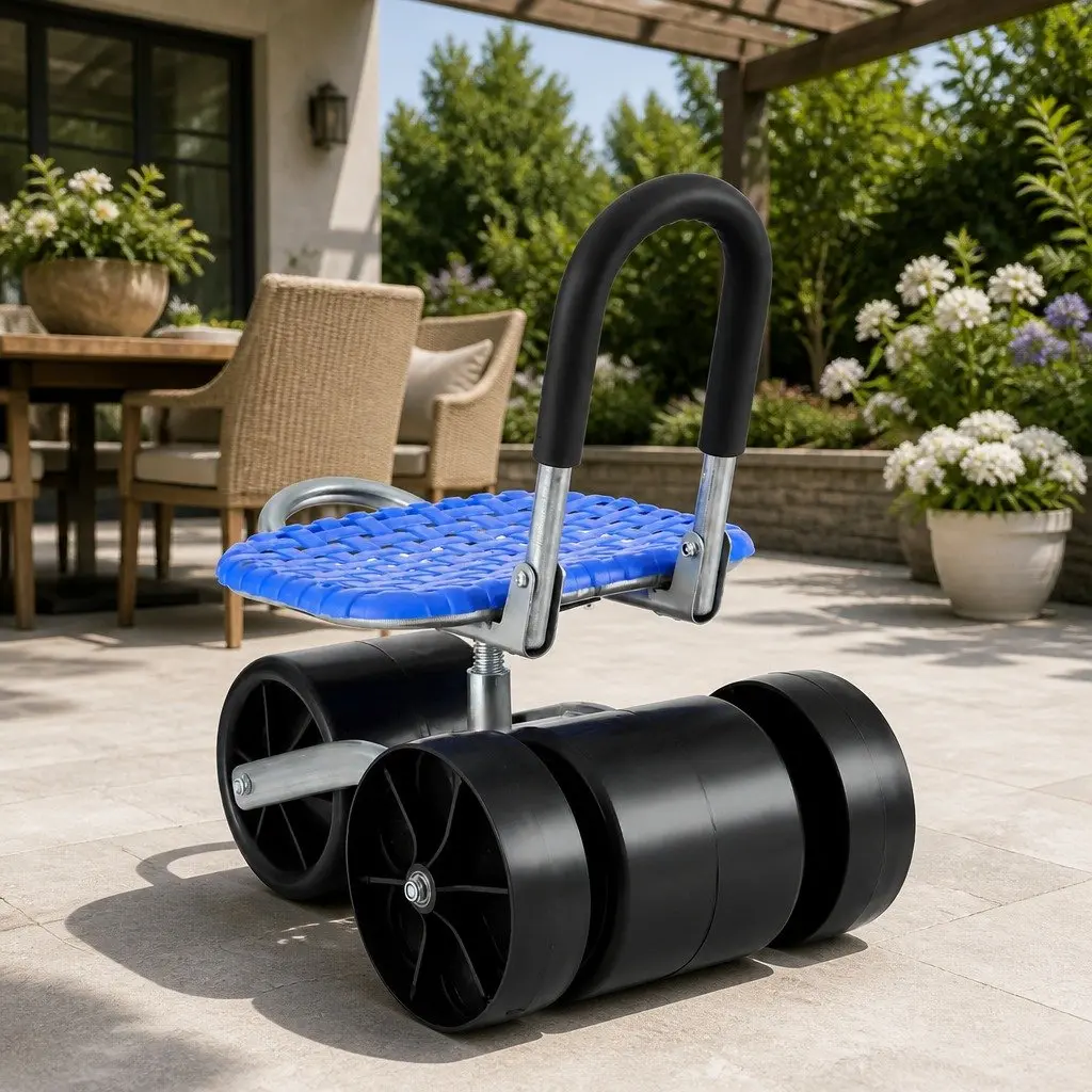 Garden Stool Blue Height Adjustable Foldable with Wheels 360 Rotation