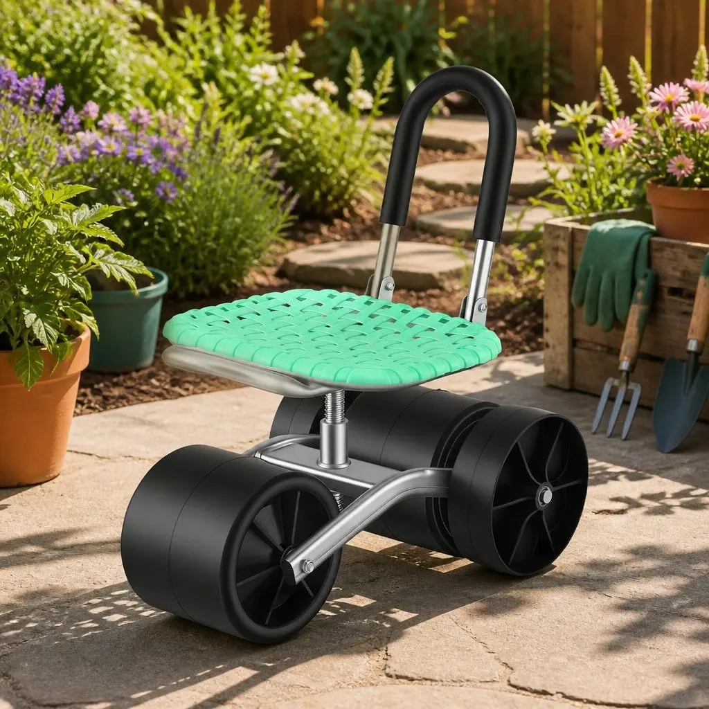 Garden Work Seat Green Adjustable Height 360° Swivel All-Terrain Wheels