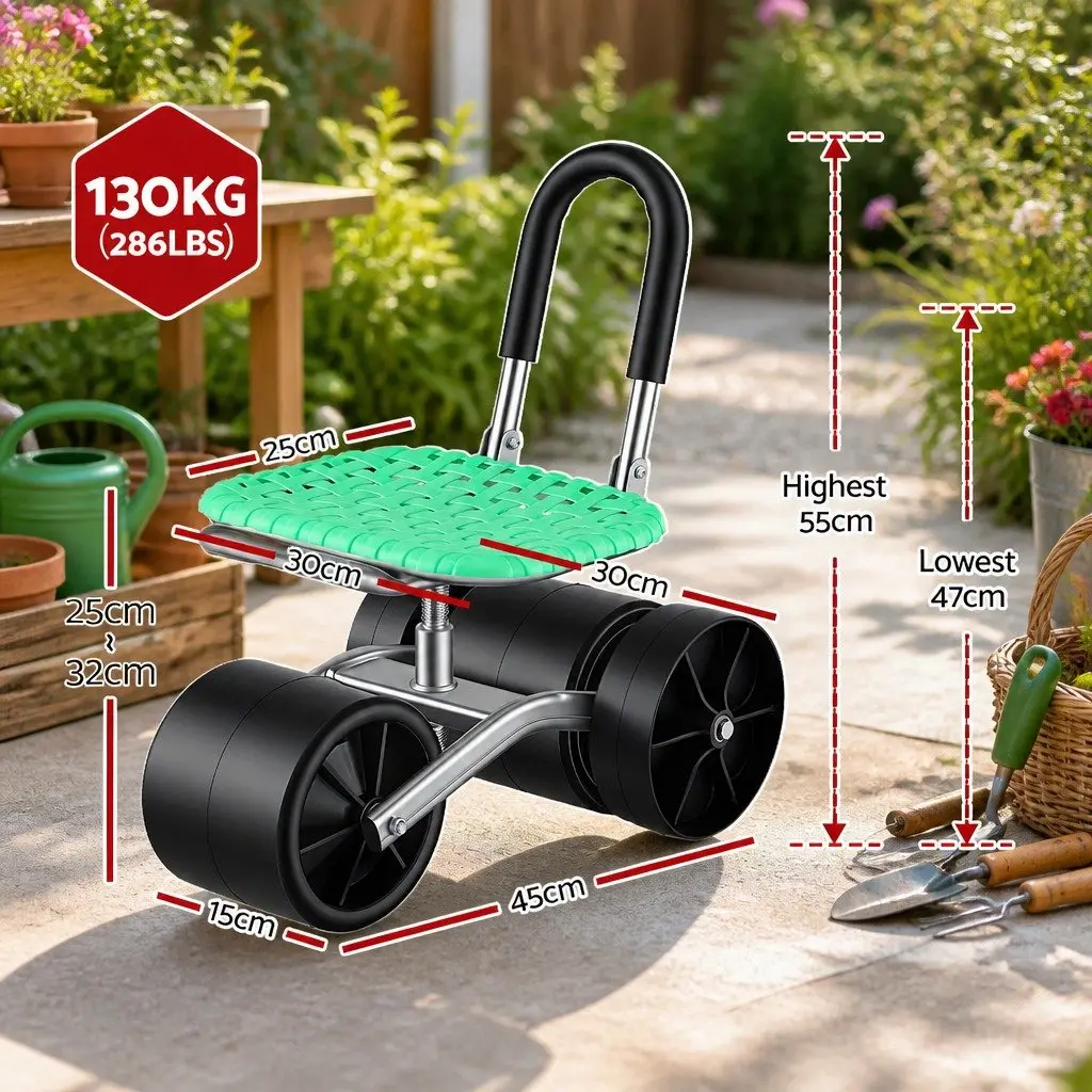 Garden Work Seat Green Adjustable Height 360° Swivel All-Terrain Wheels