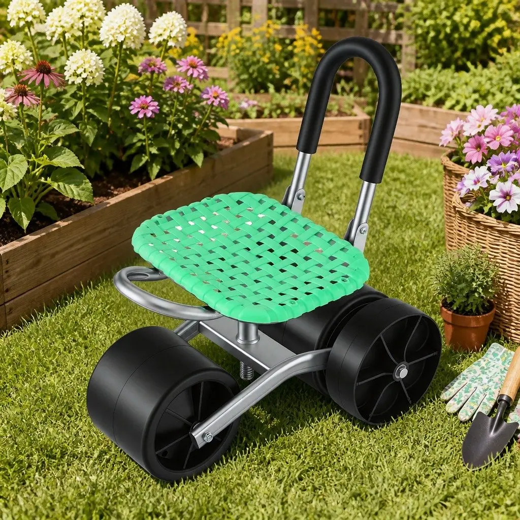 Garden Work Seat Green Adjustable Height 360° Swivel All-Terrain Wheels