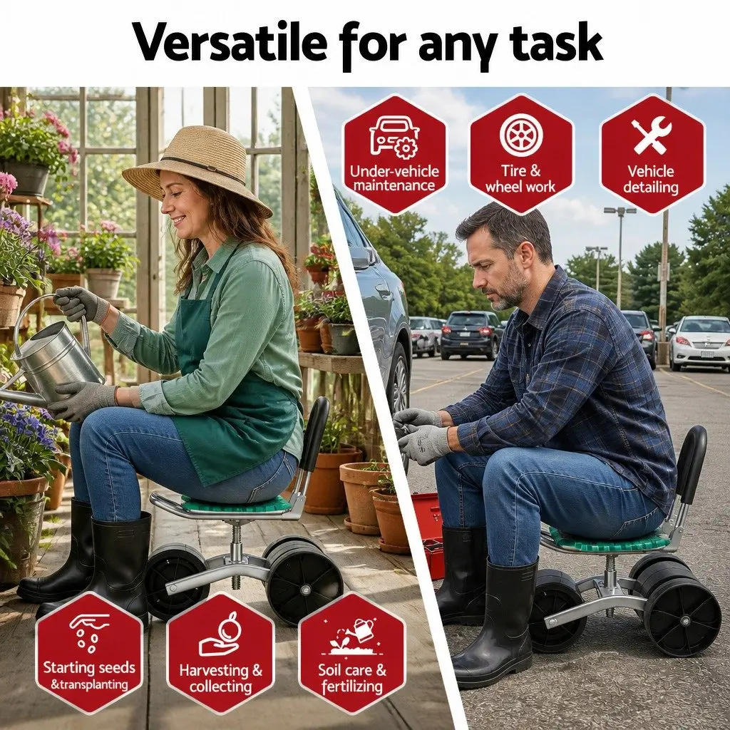 Garden Work Seat Green Adjustable Height 360° Swivel All-Terrain Wheels