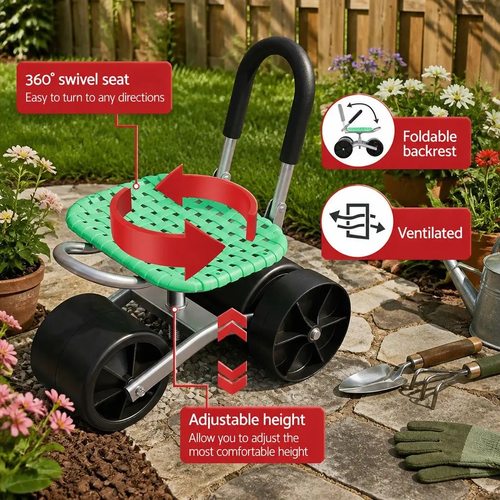 Garden Work Seat Green Adjustable Height 360° Swivel All-Terrain Wheels