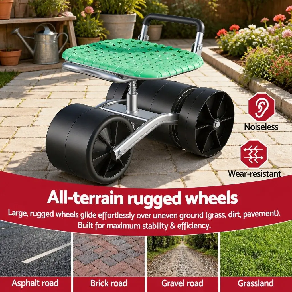 Garden Work Seat Green Adjustable Height 360° Swivel All-Terrain Wheels
