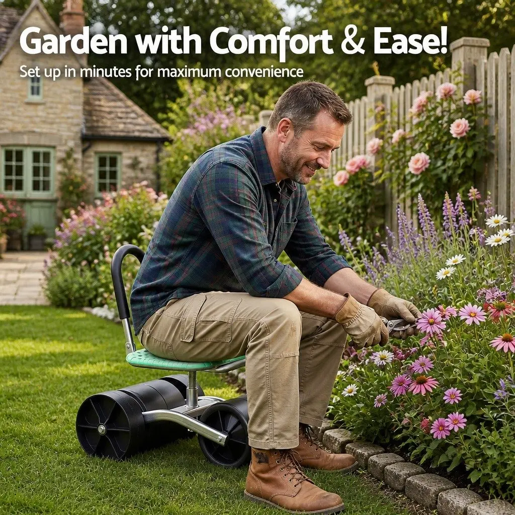 Garden Work Seat Green Adjustable Height 360° Swivel All-Terrain Wheels