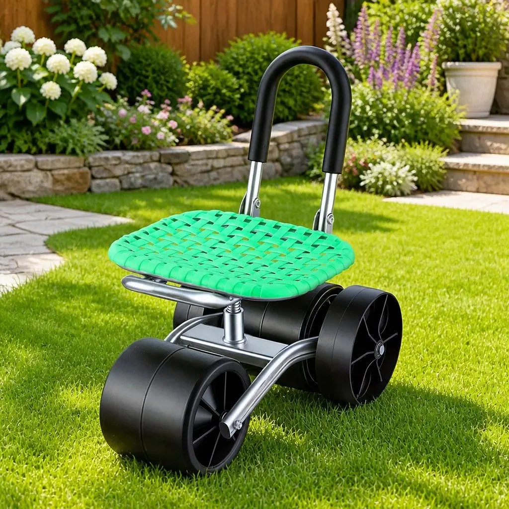 Garden Work Seat Green Adjustable Height 360° Swivel All-Terrain Wheels