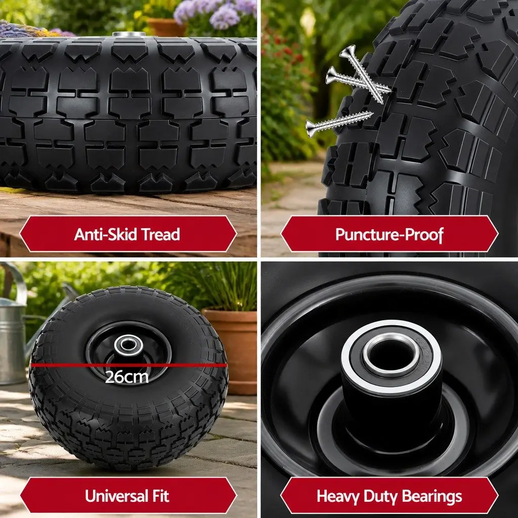 Flat Free Solid Rubber Wheels 4.10/3.50-4 260mm Heavy-Duty Puncture-Proof Replacement for Garden Carts Hand Trucks Wagons Trolleys