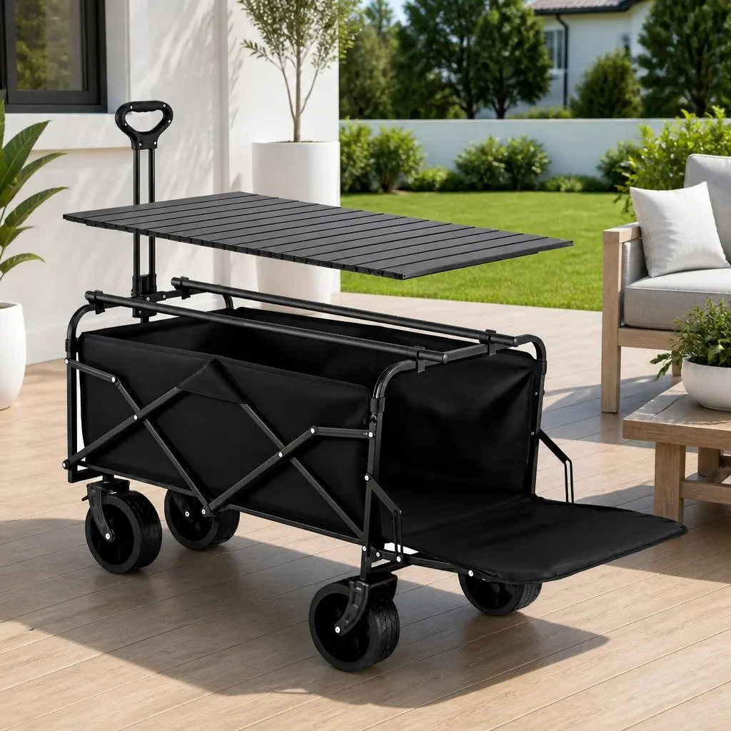Folding Utility Wagon Black 150L Removable Side Table All-Terrain Wheels