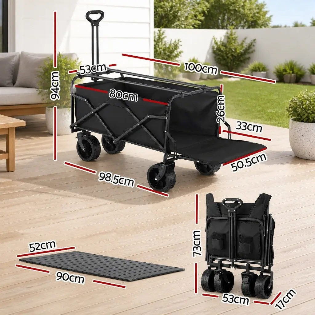 Folding Utility Wagon Black 150L Removable Side Table All-Terrain Wheels