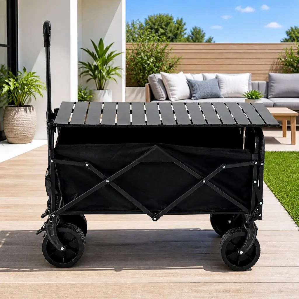 Folding Utility Wagon Black 150L Removable Side Table All-Terrain Wheels