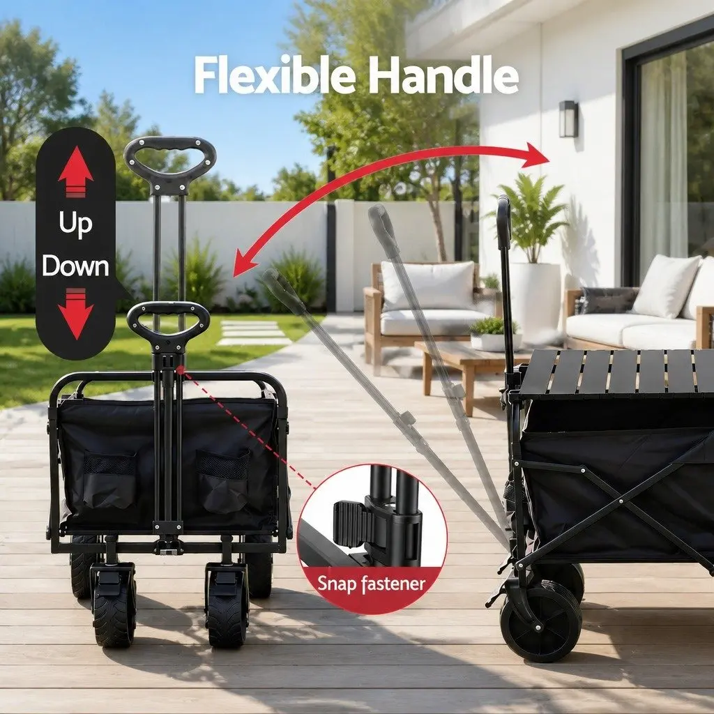 Folding Utility Wagon Black 150L Removable Side Table All-Terrain Wheels