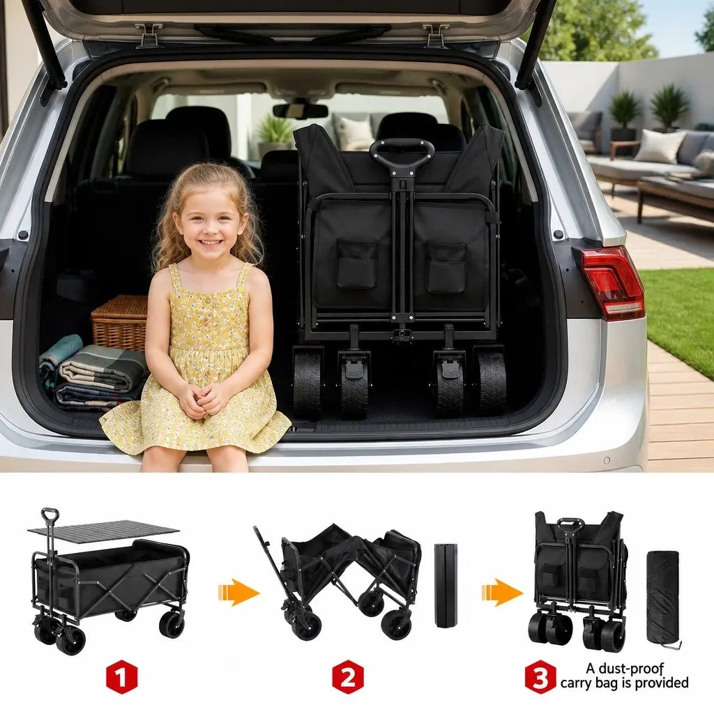 Folding Utility Wagon Black 150L Removable Side Table All-Terrain Wheels