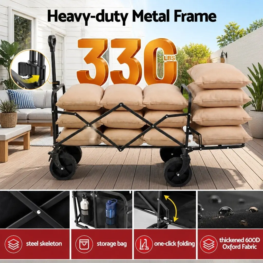 Folding Utility Wagon Black 150L Removable Side Table All-Terrain Wheels