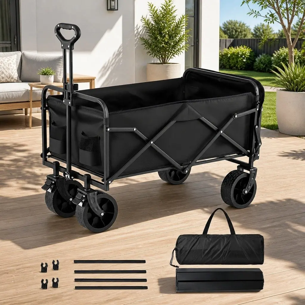 Folding Utility Wagon Black 150L Removable Side Table All-Terrain Wheels